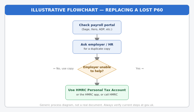 Illustrative flowchart showing the process of getting a replacement P60: check payroll portal, ask employer, then use HMRC Personal Tax Account, app or phone line if the employer cannot help
