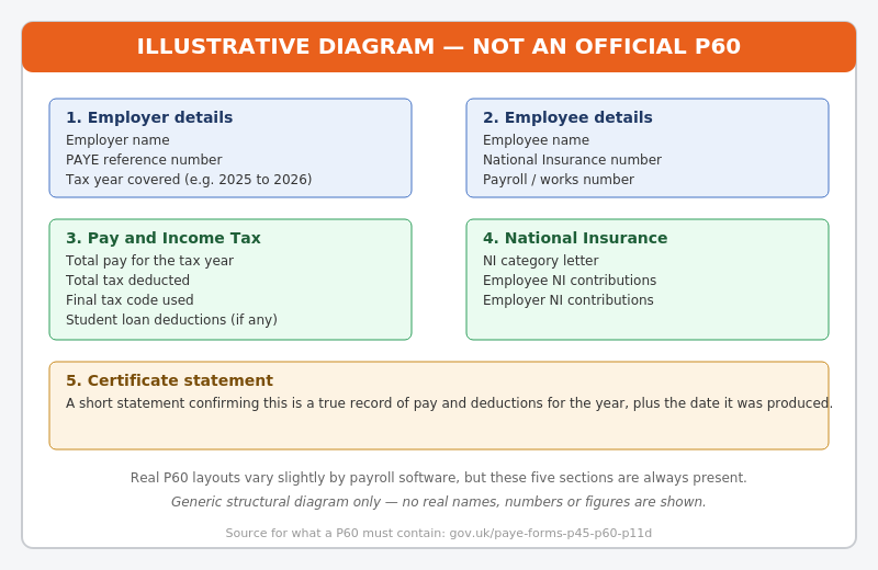 Illustrative diagram showing the five labelled sections of a UK P60: employer details, employee details, pay and Income Tax, National Insurance, and the certificate statement